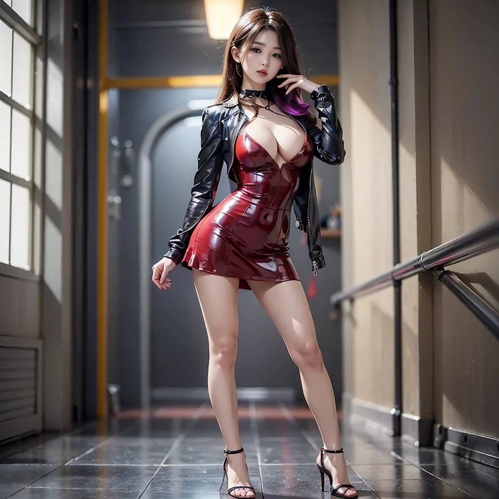 ((Raw photo、highest quality、High resolution、Ray tracing、nffsw、highest quality、precision processing、Portrait,3D,pureerosface_v1:0.7、)、(( shiny red leather bondage、dark red BDSM、Bold、long tight skirt、1Girl of Man,)))((((Wave Hair、cleavage emphasis、big breasts:4.0、thin legs、blue eyes、Detailed depiction of limbs、small nose、perfect body、No sleeve、full body figure、high heels、18-year-old,))))、universe、