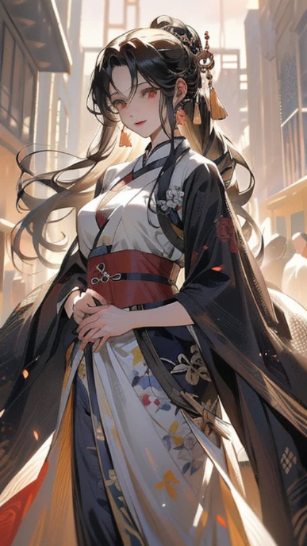 (masterpiece:1.2, beautiful, aesthetic), (Anime style:1.5)，4K,ambient soft lighting, 4K, perfect eyes, perfect face, perfect lighting, 1girl,black hair, ((exposed breasts)), glowing eyes, hair between eyes, lips, long hair, looking at viewer,parted lips, plump, red eyes, solo,((very  Prominent nipples and vagina:1.1)),((((Transparent Hanfu))))，Transparent martial arts clothing,full-length picture