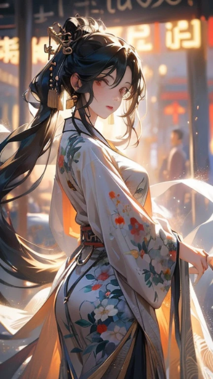 (masterpiece:1.2, beautiful, aesthetic), (Anime style:1.5),4K,ambient soft lighting, 4K, perfect eyes, perfect face, perfect lighting, 1girl,black hair, ((exposed breasts)), glowing eyes, hair between eyes, lips, long hair, looking at viewer,parted lips, plump, red eyes, solo,((very Prominent nipples and vagina:1.1)),((((Transparent Hanfu)))),Transparent martial arts clothing,full-length picture