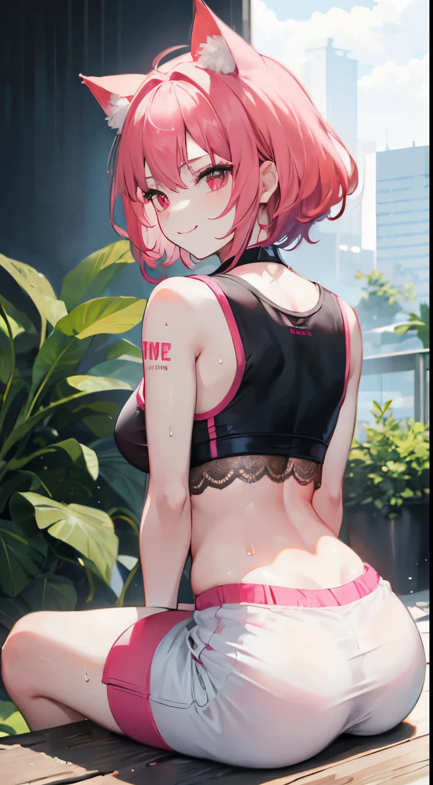  girl，crop top，hot pants，Queen，Shake ack view，Cord，bondage，red eyes，No underwear，pink hair，big ass，playful，stick out your tongue，Smile，sweat，secretion，butt close-up，sitting，Sit on the camera，back view，raised buttocks，love，soaking wet，Cat ear，transparent，bend over，lace，fishnet