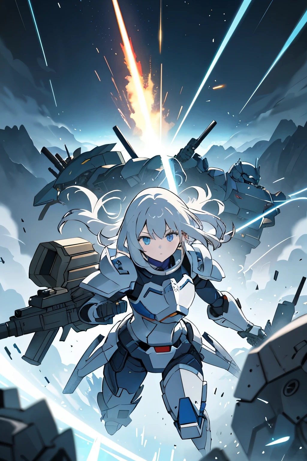 A girl wearing armor like a mobile suit、Illustration of an aggressive attack in a fantasy action scene。The girl looks like a part of a mobile suit、30 with weight on shoulders and hips％adorned with armor of、70％The form of looks like a human。The head has a simple design with eye slits.。10 missile launchers on shoulder armor、Equipped with a rocket launcher on the waist armor。lightning flashes、Against the background of a desolate and smoky landscape、Dynamically swing a weapon。The artwork is、Combining flowing lines and beautiful liquid-like color gradations、Expressing the essence of fantasy and action。