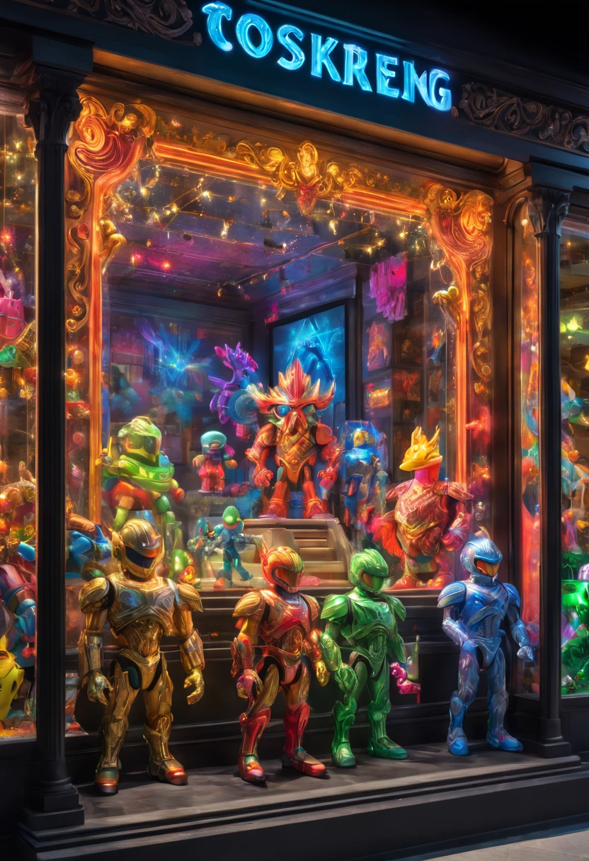 Toy Store Window Display, elaborate ornate video game, (colorful luminescence display window), photoreal, 8k, photorealistic, (bright colors:1.2)