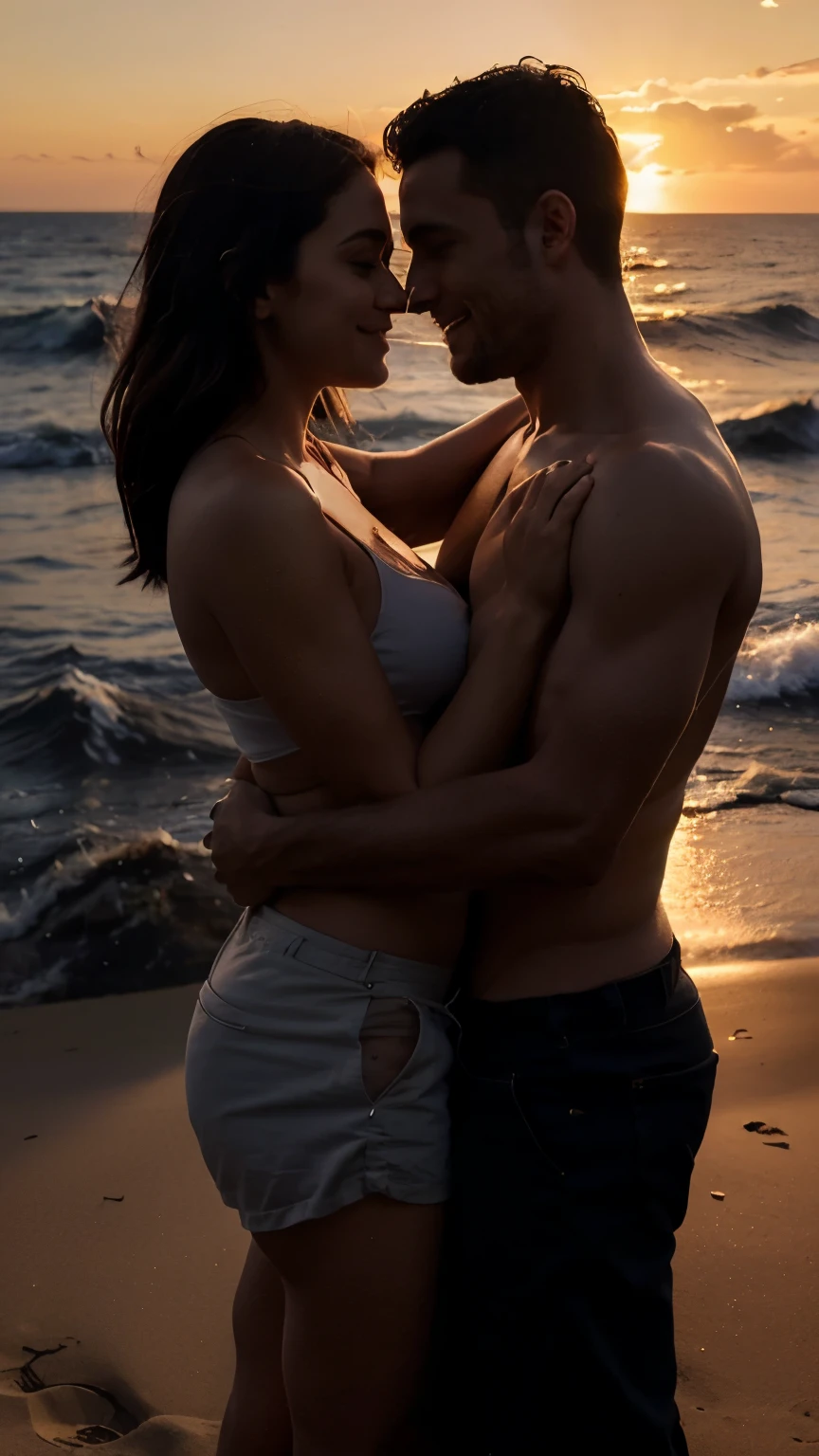 A imagem apresenta um homem e uma mulher muito bonita, The two are very close looking at each other passionately about to hug. they are in a landscape where there is a sea and a sunset, and their faces are overshadowed by the sunset shadow