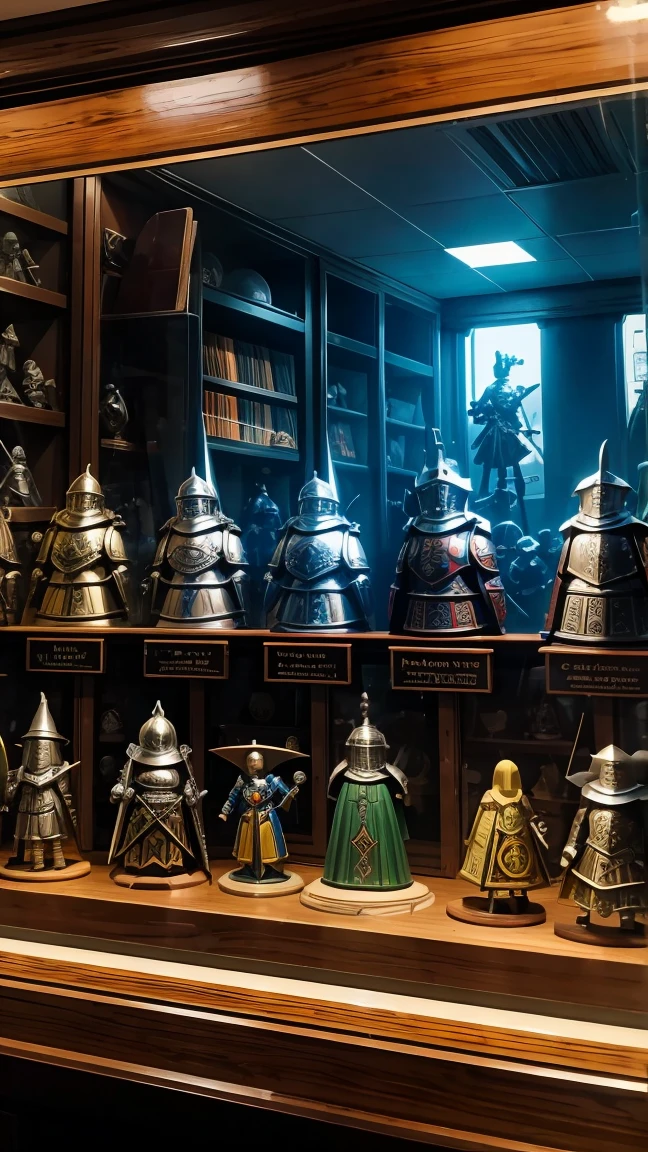 inside a toy store glass window display of decades ago, on the wooden shelves there are rpg figurines of knights wizards barbarians monsters, painting, nostalgia  