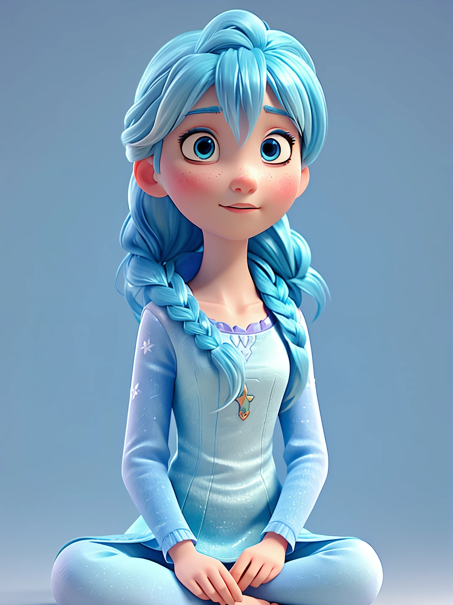 3D art like "Frozen", A girl with light blue hair, is meditating