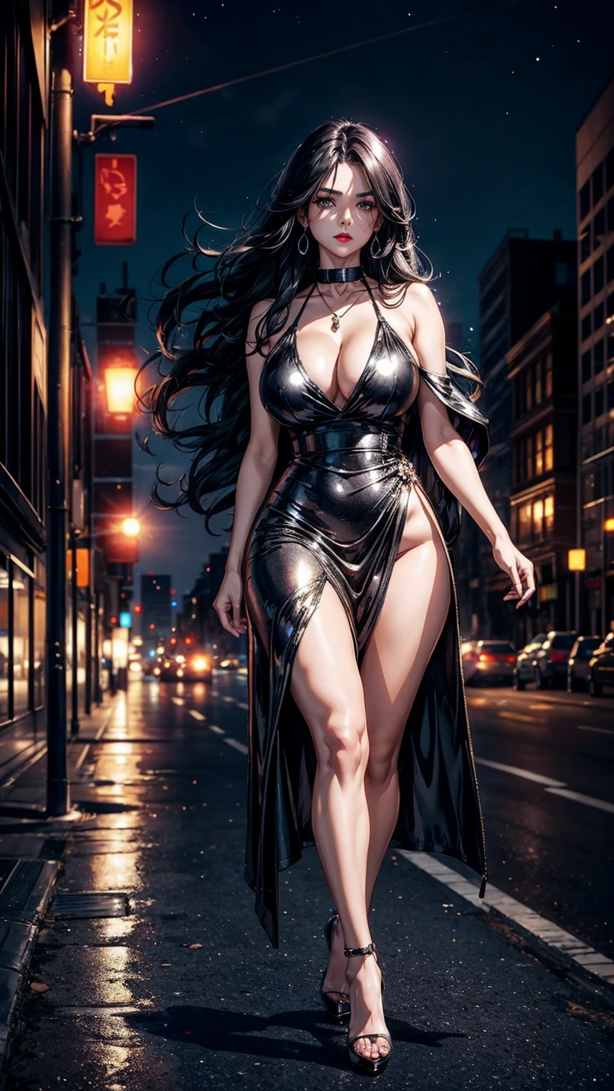 A girl wearing silver shimmer dress, she is walking towards camera, she have long black hair, she have applied red lipstick, she have eye makeup, collar bone, her cleavage is visible, she is walking like a super model, she is wearing black high heels and she is wearing golden pendant on her neck, her one thing is visible, she have curvy figure, night city in background, dramatic light, full length image 8k, masterpiece quality, UHD, super detailed skin, high resolution, high quality,