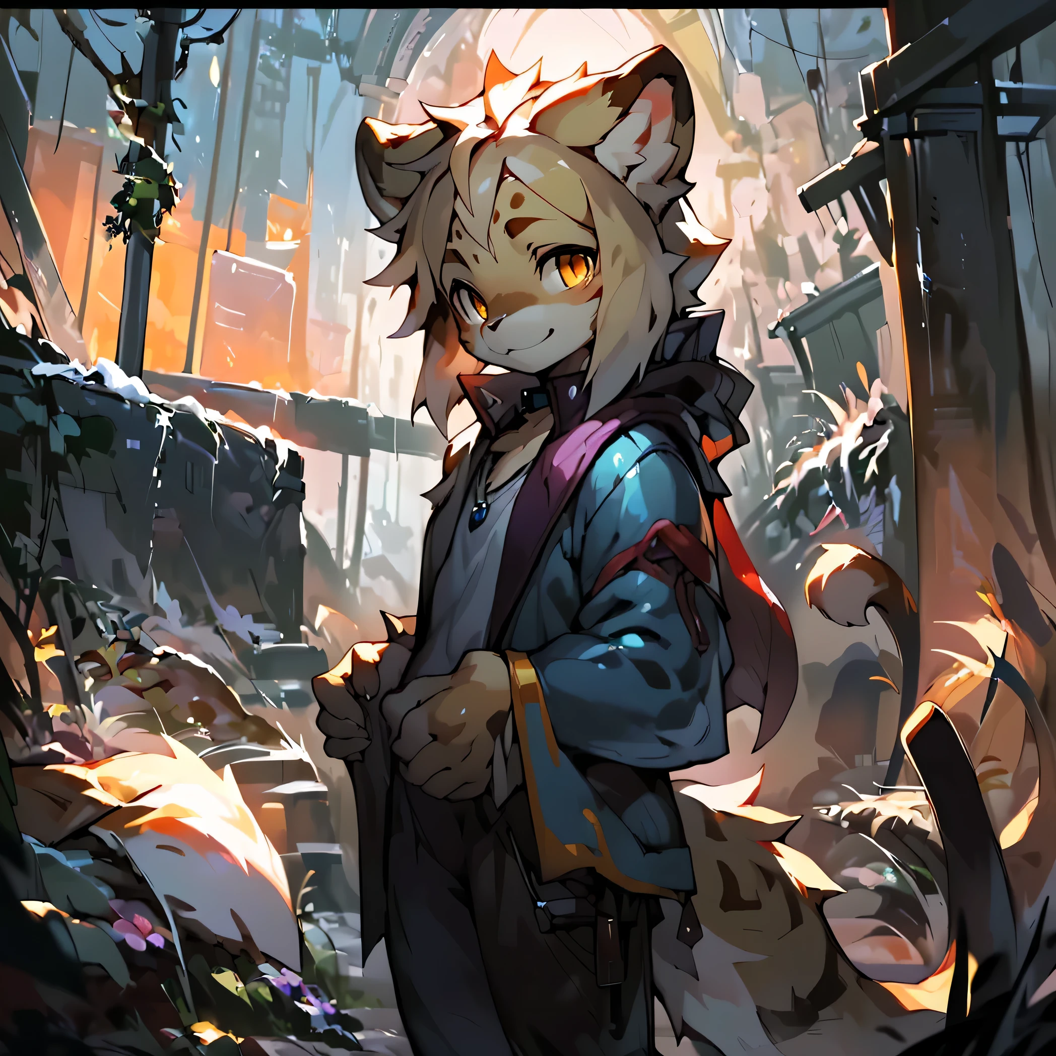 masterpiece, best quality, perfect anatomy, bright eyes, watery eyes, Golden eyes, by t.y.stars, by null-ghost, by k0bit0wani, furry, Cheetah, (felis:0.7), (canine:0.3), male, solo, baggy clothing, (smile: 0.9), gentle, the large tail of a snow leopard, tall, Lateral body, look at the sky, train station, rain, (waterdrop:0.9), grey sky, raining, (fog:0.35), detailed background