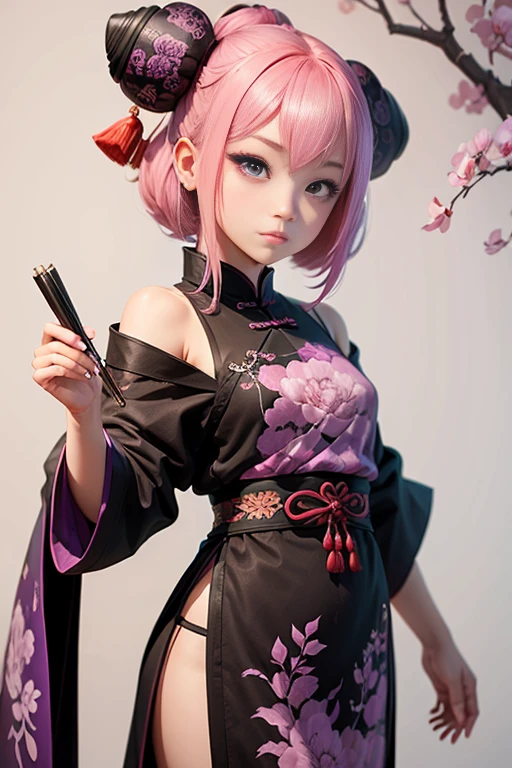 a girl, pink hair ,purple eyes, traditional Chinese ink painting