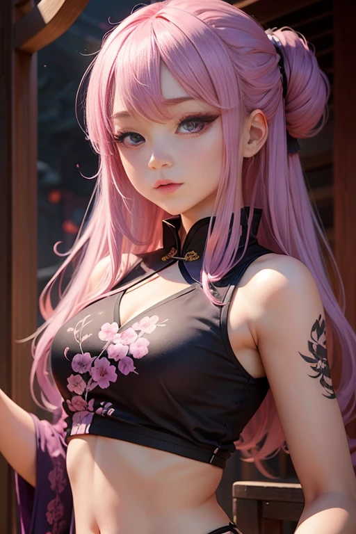 a girl, pink hair ,purple eyes, traditional Chinese ink painting
