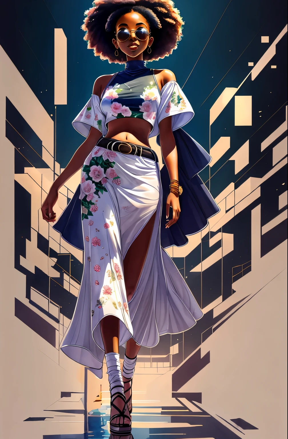 "Full body, water colors, ink drawing, beautiful cyberpunk Sudanese woman, wearing smart digital sunglasses, clean defined delicate features, stylish bohemian top and long skirt, floral background, in the style of Afrofuturism