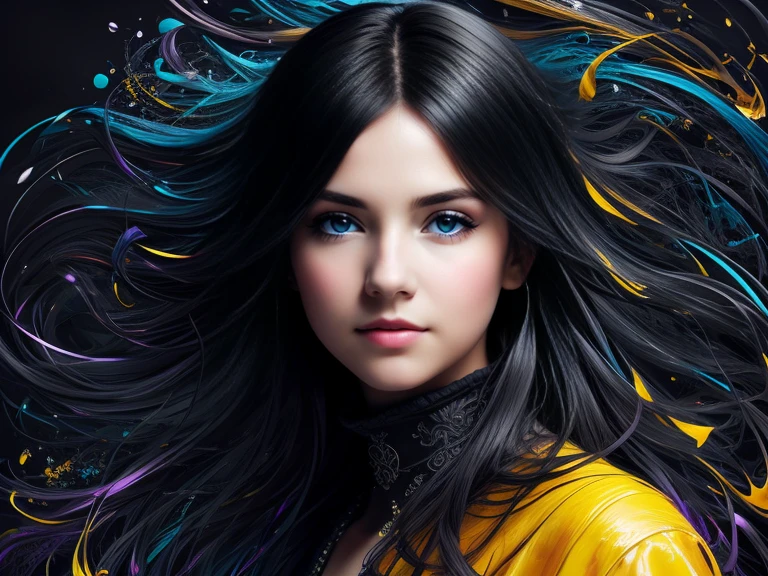 Colorful beautiful girl: 28-years old, messy hair, oil painting, nice perfect face with soft skin, nice perfect face, blue yellow colors, light purple and violet additions, light red additions, intricate detail, splash screen, 8k resolution, masterpiece, cute face,artstation digital painting smooth veryBlack ink flow: 8k resolution photorealistic masterpiece: intricately detailed fluid gouache painting: by Jean Baptiste Mongue: calligraphy: acrylic: watercolor art, professional photography, natural lighting, volumetric lighting maximalist photoillustration: by marton bobzert:, complex, elegant, expansive, fantastical, wavy hair, vibrant, Best quality details, realistic, High definition, High quality texture, epic lighting, Cinematic film still, 8k, soft lighting, anime style, masterful playing card border, random Colorful art, oil painting, blue yellow colors, light purple and violet additions, light red additions, intricate detail, splash screen, 8k resolution, masterpiece, artstation digital painting smooth veryBlack ink flow: 8k resolution photorealistic masterpiece: intricately detailed fluid gouache painting: by Jean Baptiste Mongue: calligraphy: acrylic: watercolor art, professional photography, natural lighting, volumetric lighting maximalist photoillustration: by marton bobzert:, complex, elegant, expansive, fantastical, vibrant, ((dark plain black background:1.4))