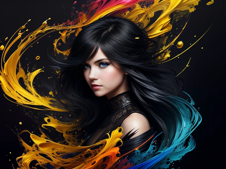 Colorful beautiful girl: 28-years old, messy hair, oil painting, nice perfect face with soft skin, nice perfect face, blue yellow colors, light purple and violet additions, light red additions, intricate detail, splash screen, 8k resolution, masterpiece, cute face,artstation digital painting smooth veryBlack ink flow: 8k resolution photorealistic masterpiece: intricately detailed fluid gouache painting: by Jean Baptiste Mongue: calligraphy: acrylic: watercolor art, professional photography, natural lighting, volumetric lighting maximalist photoillustration: by marton bobzert:, complex, elegant, expansive, fantastical, wavy hair, vibrant, Best quality details, realistic, High definition, High quality texture, epic lighting, Cinematic film still, 8k, soft lighting, anime style, masterful playing card border, random Colorful art, oil painting, blue yellow colors, light purple and violet additions, light red additions, intricate detail, splash screen, 8k resolution, masterpiece, artstation digital painting smooth veryBlack ink flow: 8k resolution photorealistic masterpiece: intricately detailed fluid gouache painting: by Jean Baptiste Mongue: calligraphy: acrylic: watercolor art, professional photography, natural lighting, volumetric lighting maximalist photoillustration: by marton bobzert:, complex, elegant, expansive, fantastical, vibrant, ((dark plain black background:1.4))