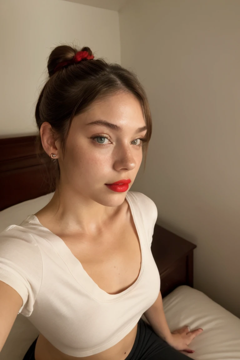 (high angle, closeup on face:1.2) selfie of CandelaGallo, she  wearing tight t-shirt , tshirt, red lipstick, she  posing for selfie, she  wearing ascot, her hair  styled as low messy knot, BREAK she  (in the bedroom:1.1), silhouetted against the light, shot on Leica T, Leica colors, tone,shallow depth of field,vignetting, Voigtlnder Nokton 50mm f1.1 ,