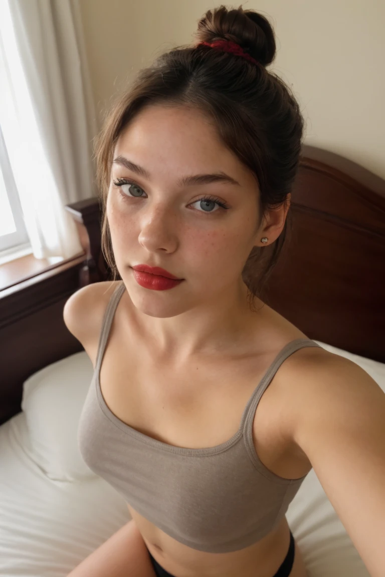 (high angle, closeup on face:1.2) selfie of CandelaGallo, she  wearing tight t-shirt , tshirt, red lipstick, she  posing for selfie, she  wearing ascot, her hair  styled as low messy knot, BREAK she  (in the bedroom:1.1), silhouetted against the light, shot on Leica T, Leica colors, tone,shallow depth of field,vignetting, Voigtlnder Nokton 50mm f1.1 ,