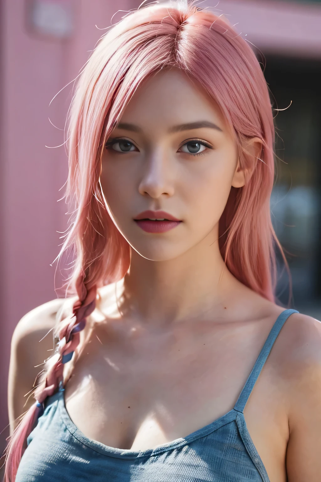 pink hair, sidelocks, hairclip, multicolored eyes, grin, clover hair ornament, ray tracing, anaglyph, anime, perspective, tachi-e, Ultra-Wide Angle, anatomically correct, UHD, best quality, highres, Masterpiece masterpiece, best quality, High resolution), sweet chinese girl, rainbow hair, pink lips, (whole body 3.0), dynamic background,( Dynamic Pose 0.8)(dynamic angle:1.4)