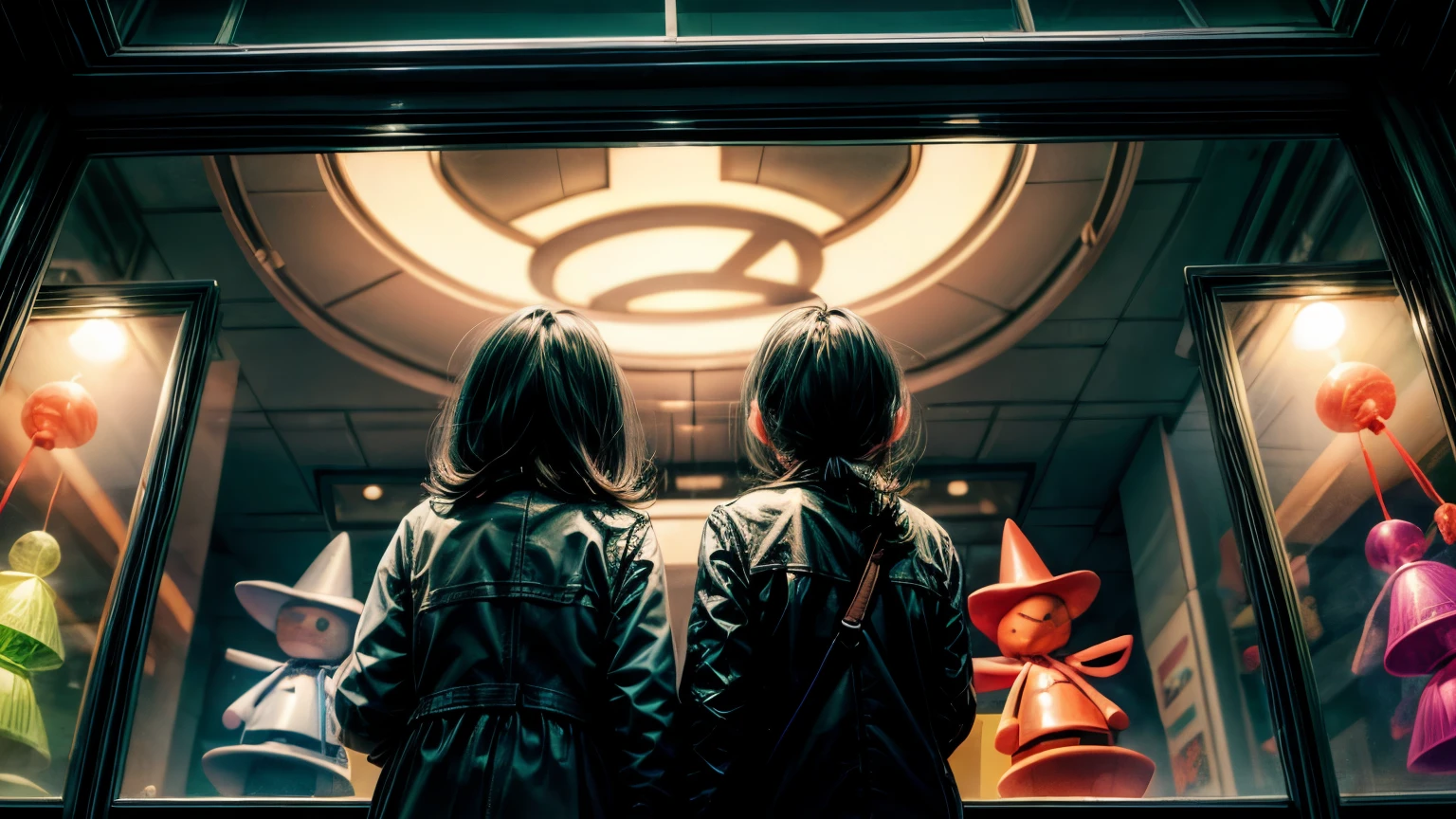 family in front of Toy Store Window Display, back view from behind