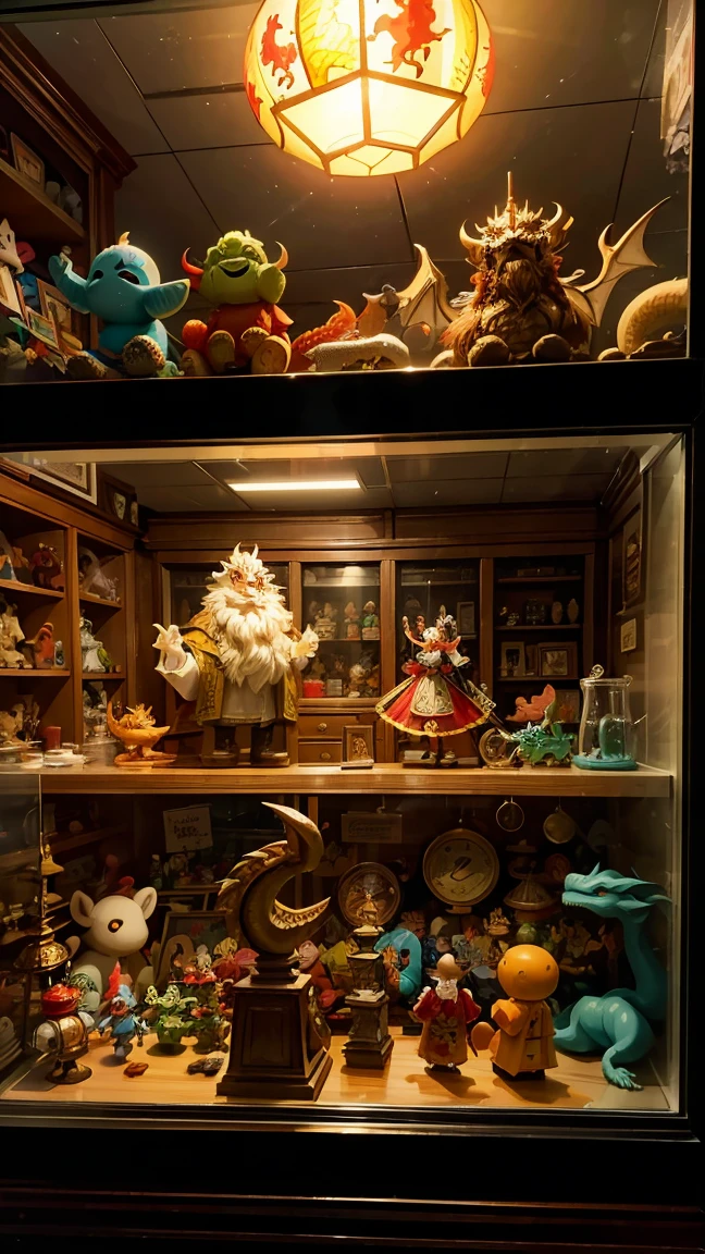 inside a toy store glass window display of decades ago, on the wooden shelves there are toy figurines of dragons, demons, monsters, painting, nostalgia  