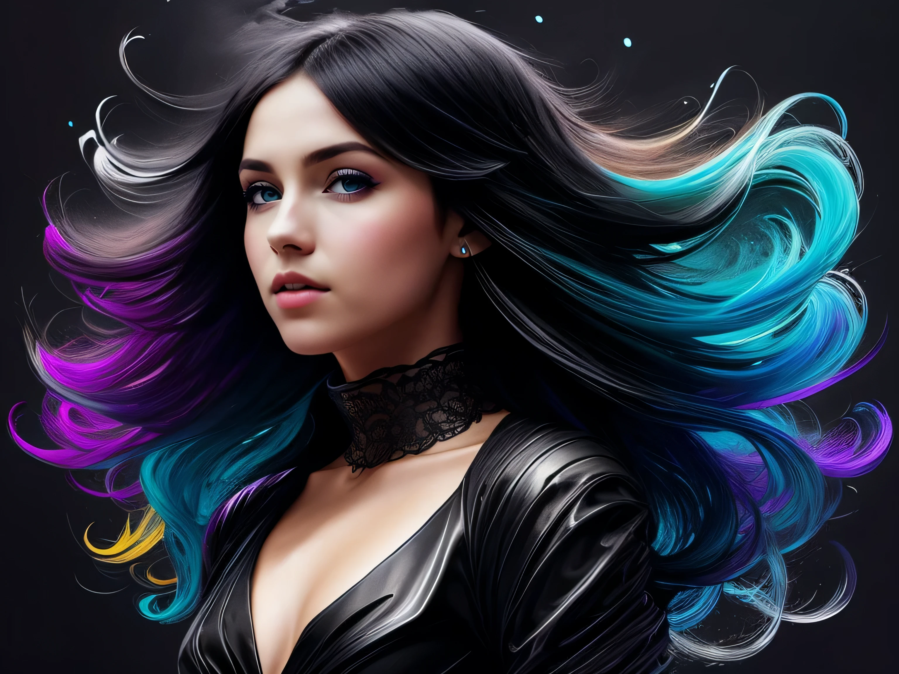 Colorful beautiful black girl: 28-years old, messy hair, oil painting, nice perfect face with soft skin, nice perfect face, blue yellow colors, light purple and violet additions, light red additions, intricate detail, splash screen, 8k resolution, masterpiece, cute face,artstation digital painting smooth veryBlack ink flow: 8k resolution photorealistic masterpiece: intricately detailed fluid gouache painting: by Jean Baptiste Mongue: calligraphy: acrylic: watercolor art, professional photography, natural lighting, volumetric lighting maximalist photoillustration: by marton bobzert:, complex, elegant, expansive, fantastical, wavy hair, vibrant, Best quality details, realistic, High definition, High quality texture, epic lighting, Cinematic film still, 8k, soft lighting, anime style, masterful playing card border, random Colorful art, oil painting, blue yellow colors, light purple and violet additions, light red additions, intricate detail, splash screen, 8k resolution, masterpiece, artstation digital painting smooth veryBlack ink flow: 8k resolution photorealistic masterpiece: intricately detailed fluid gouache painting: by Jean Baptiste Mongue: calligraphy: acrylic: watercolor art, professional photography, natural lighting, volumetric lighting maximalist photoillustration: by marton bobzert:, complex, elegant, expansive, fantastical, vibrant, ((dark plain black background:1.4))