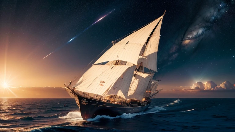 The magnificent interstellar space，A huge sailing ship  flying，Elevation viewing angle，The background  the rising sun，Movie-like futuristic technology，8K