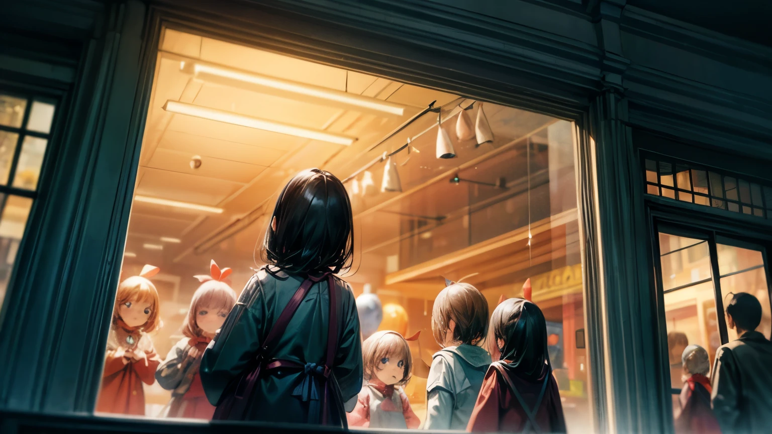 family in front of Toy Store Window Display, back view from behind