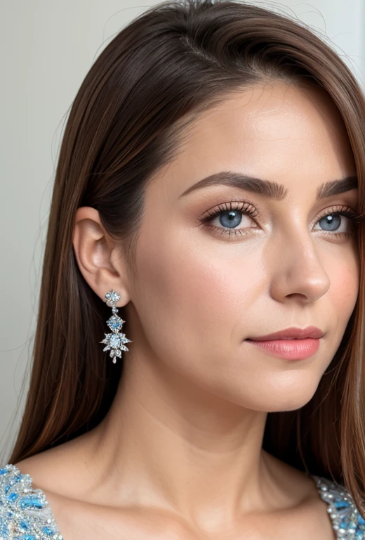 (Obra maestra, mejor calidad), detalles intrincados, Realista, photoRealista, a close up of a woman wearing Aretes, inspirado por Emma Andijewska, envuelto en cristales, color plata, long Aretes, sandra chevier, huge Aretes, 2019, de ojos azules, Joyas de platino, Arete, Estructura impecable, silver Arete,