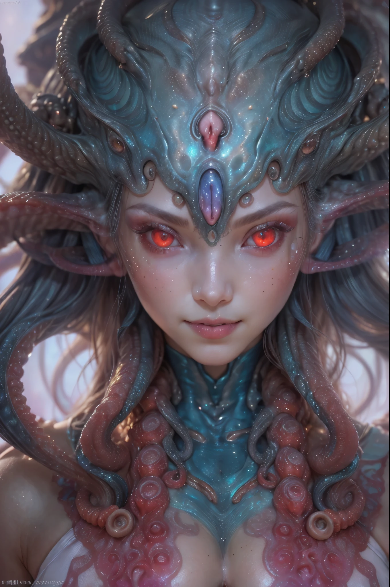 scary and sexy detailed art in color, Portrait, (beautiful and obscene female alien:1.4), (vulgarity1.5), (she has red eyes with no pupils:1.8), (Translucent skin:1.7), ((There is a female genital-like organ in the middle of the forehead:1.9)), (The most beautiful face in the history of the universe:1.2),an evil gaze that seduces, (large mouth:1.1), (sharp teeth like a vampire:1.2), Full body portrait, (bio luminescent:1.5), (Smile wickedly:1.3), (sexypose:1.5), incredibly beautiful alien, (she has unparalleled beauty:1.5), No humans, cells are fused, (Lots of translucent tentacles:1.3) extraterrestrial, cell, bio image, best quality, 8K,In 4K_quality, High freshness, Dramatic Lighting, masutepiece:1.5,cinematic quality, detail up, (exquisite details:1.2), high resolution, High freshness, drawing faithfully, (Thick eyebrows:1.2), Beautiful eyes with fine symmetry,(Highly detailed face and eyes:1.2), Intimate face, (Super detailed skin quality feeling:1.4), perfect anatomy, (Beautiful toned body:1.5), (Moist skin:1.2), not wearing makeup, (dark circles:1.1), long canines, cinematic drawing of characters, ultra high quality model, cinematic quality, detail up, (exquisite details:1.2), high resolution, High freshness, drawing faithfully, official art, Unity 8K Wall , 8K Portrait, best quality, Very high resolution, ultra detailed artistic photography, midnight aura, unreal engine 5, Ultra Sharp Focus, art by Amano Yoshitaka, ArtGerm, Roisch, intricate artwork, best quality, masterpiece, ultra high resolution, (photos realistic:1.4), ultra realistic realism, dream-like, nautilus, Creation of fantasy, Snail, Dream Snail, (biopunk nautilus:1.3),Thrilling color schemes, ultra realistic realism, seductively smiling, Blue tentacles, scail