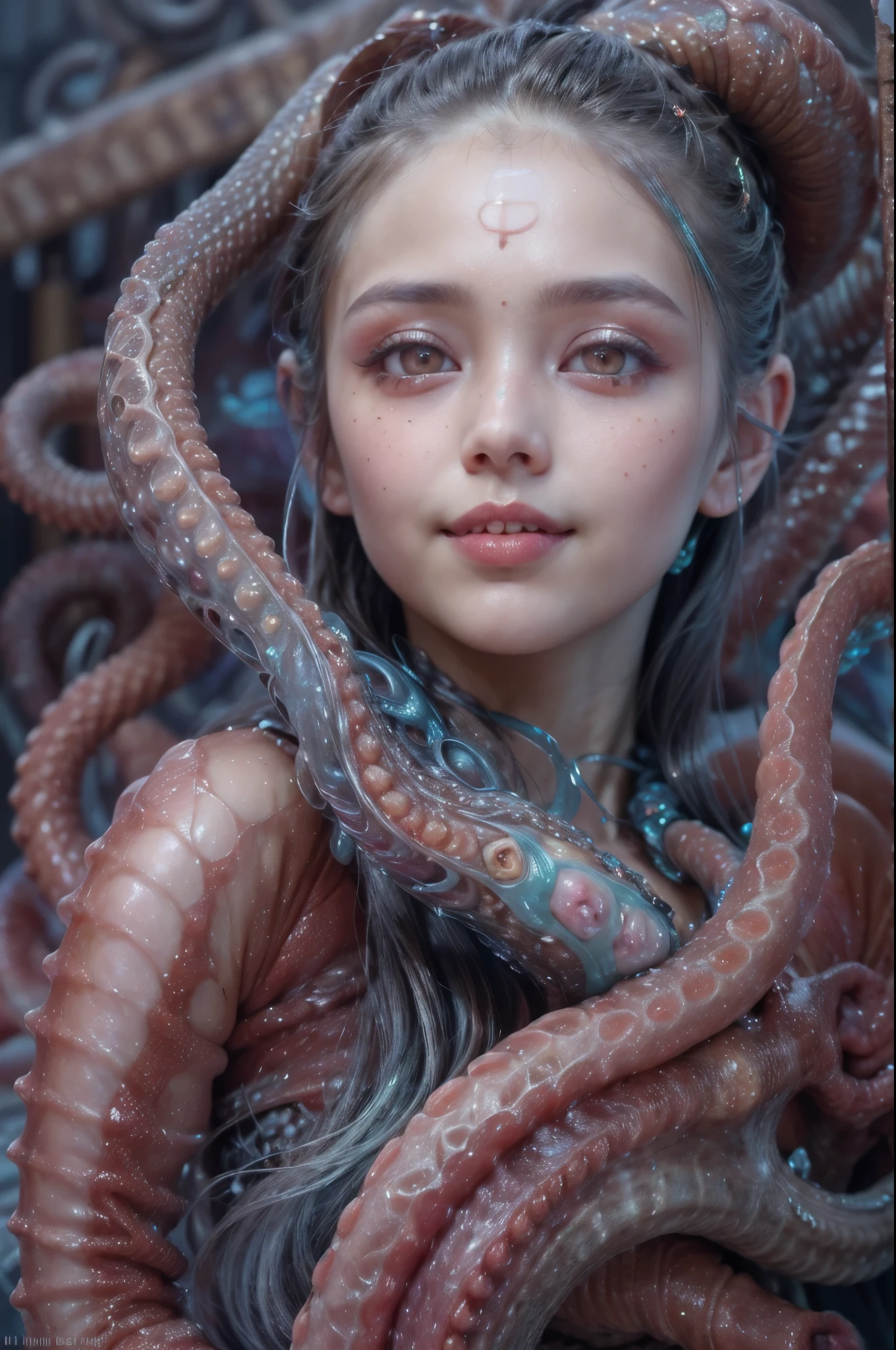 scary and sexy detailed art in color, Portrait, (beautiful and obscene female alien:1.4), (vulgarity1.5), (she has red eyes with no pupils:1.8), (Translucent skin:1.7),  ((There is a female genital-like organ in the middle of the forehead:1.9)), (The most beautiful face in the history of the universe:1.2),an evil gaze that seduces, (large mouth:1.1), (sharp teeth like a vampire:1.2), Full body portrait, (bio luminescent:1.5), (Smile wickedly:1.3),  (sexypose:1.5), incredibly beautiful alien, (she has unparalleled beauty:1.5),  No humans, cells are fused, (Lots of translucent tentacles:1.3) extraterrestrial, cell, bio image, best quality, 8K,In 4K_quality, High freshness, Dramatic Lighting, masutepiece:1.5,cinematic quality, detail up, (exquisite details:1.2), high resolution, High freshness, drawing faithfully, (Thick eyebrows:1.2), Beautiful eyes with fine symmetry,(Highly detailed face and eyes:1.2), Intimate face, (Super detailed skin quality feeling:1.4), perfect anatomy,  (Beautiful toned body:1.5),  (Moist skin:1.2), not wearing makeup, (dark circles:1.1), long canines, cinematic drawing of characters, ultra high quality model, cinematic quality, detail up, (exquisite details:1.2), high resolution, High freshness, drawing faithfully, official art, Unity 8K Wall  , 8K Portrait, best quality, Very high resolution, ultra detailed artistic photography, midnight aura,  unreal engine 5, Ultra Sharp Focus, art by Amano Yoshitaka, ArtGerm, Roisch, intricate artwork, best quality, masterpiece, ultra high resolution, (photos realistic:1.4), ultra realistic realism, dream-like, nautilus, Creation of fantasy, Snail, Dream Snail, (biopunk nautilus:1.3),Thrilling color schemes, ultra realistic realism, seductively smiling, Blue tentacles, scail