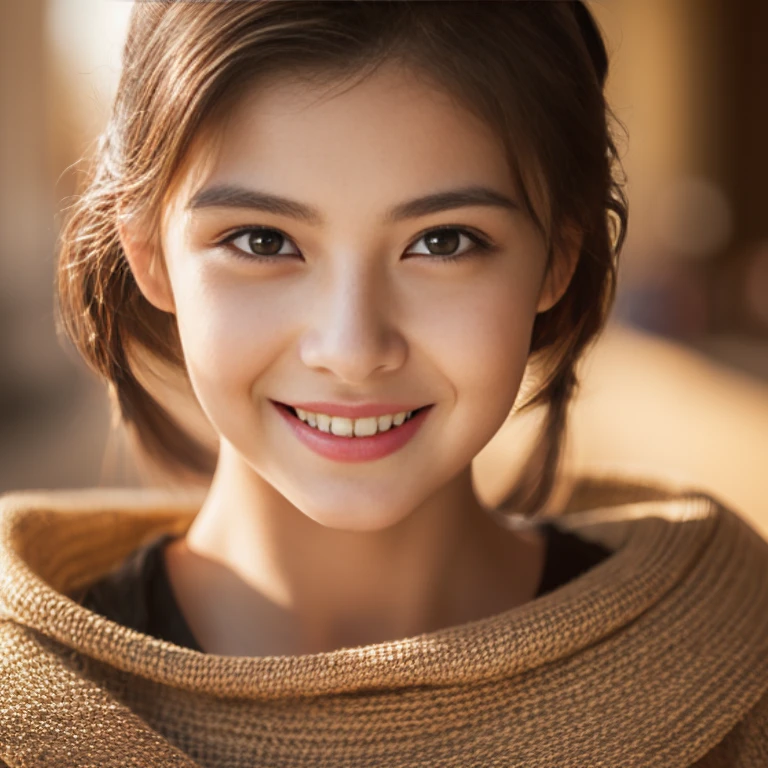 (fashion photography), (Half-length painting), 16-year-old woman, natural skin texture, Realistic eye and face details, detailed face, cinematic lighting, (In 8K, RAW photo, Professional, highest quality, table top:1.2), (realistic, Photoreal:1.3), soft light、wonderful smile、