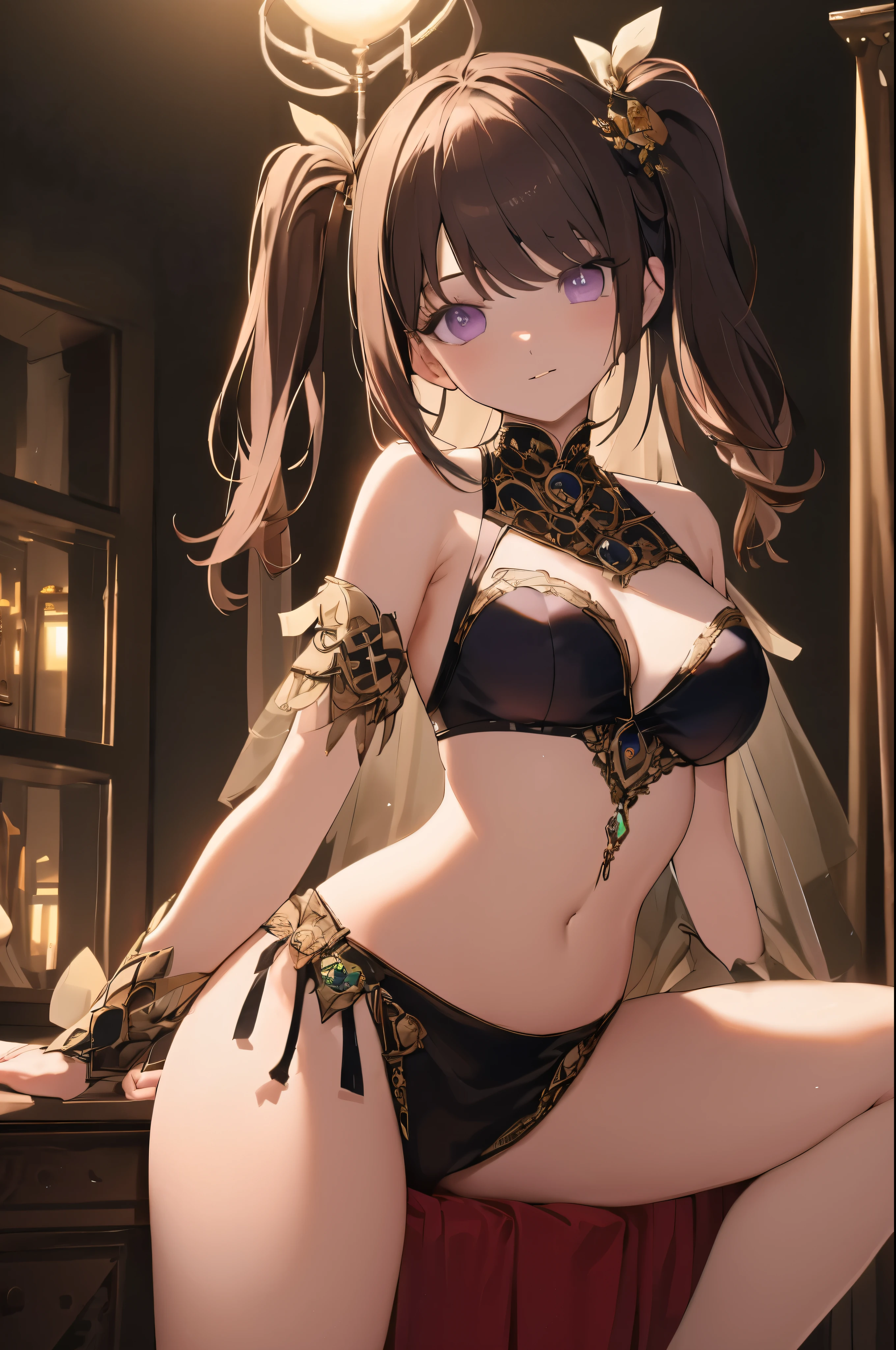 ((Best quality, 8K, Ultra-detailed, Masterpiece: 1.3)), 3 girl, Shiny skin, Sharp, Perfect body beauty, realistic shadow perfect bod("Belly dancer outfit,Transparent ":1.2),_Breasts ,Young girl, short girl,upper legs , indoors, Sultana room,cleavage, sexyposture,M legs, your ass, Dark Brown long hair, ahoge , Purple eyes, pupils ,Sideswept parted hair, night,("Dark lighting,very dark":1.1), empty eyes, brainwash