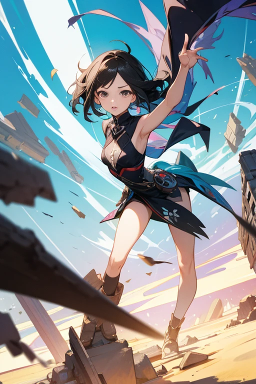 masterpiece, best quality, dynamic pose, dynamic angle, ruins, dynamic background, multicolored background, 1girl, standing,
