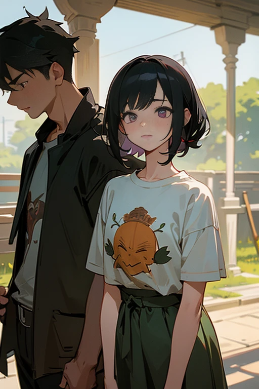 masterpiece, best quality, {best quality}, {{masterpiece}}, {highres}, {{{field field}}, extremely detailed couple, illustration, couple, 1boy, 1girl, couple, love, love, romantic, sharp focus, male focus, female focus, black hair, violet eyes, sun, sunlight, lifting, surprised, envy, t-shirts, men's leisure clothes, expressionless, women's fashion, dungeon, adventurer, goblin
