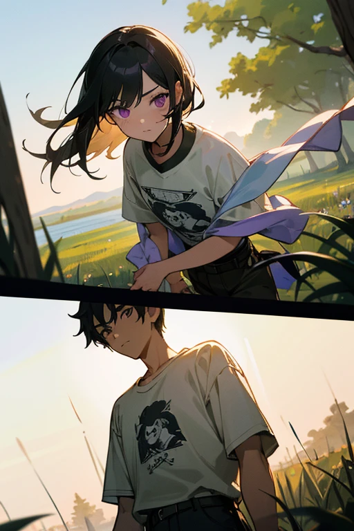 masterpiece, best quality, {best quality}, {{masterpiece}}, {highres}, {{{field field}}, extremely detailed couple, illustration, couple, 1boy, 1girl, couple, love, love, romantic, sharp focus, male focus, female focus, black hair, violet eyes, sun, sunlight, lifting, surprised, envy, t-shirts, men's leisure clothes, expressionless, women's fashion, dungeon, adventurer, goblin  