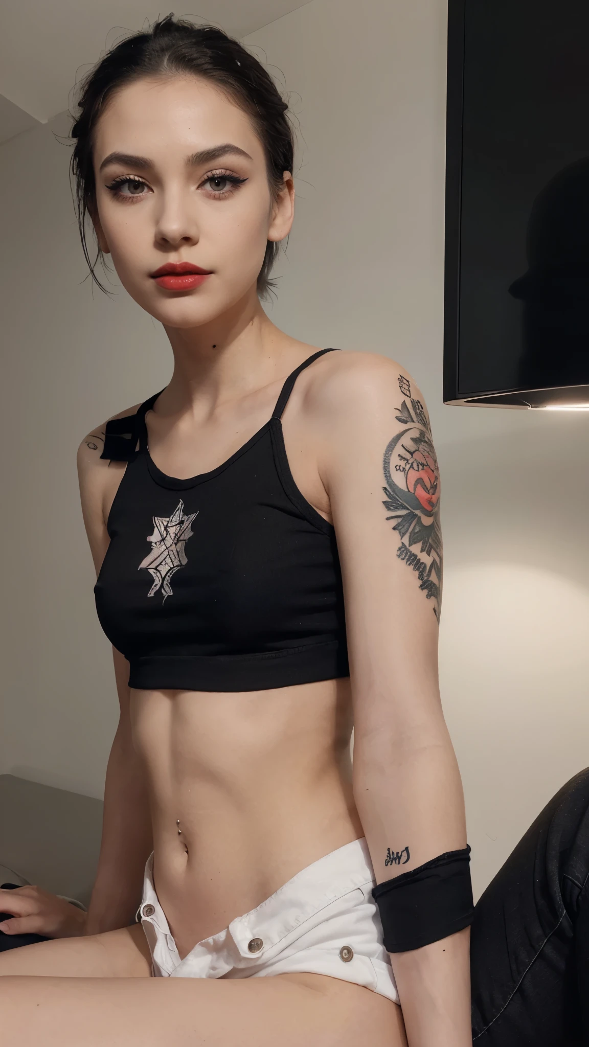 Beautiful skinny girl, has makeup, red lipstick, white skin, tattoo on hand, elongated face, elongated chin, black eyes, eyeliner, short hair up to shoulder length, high quality, excellent lighting, small nose, elongated eyebrows, black Patterned top, black jeans