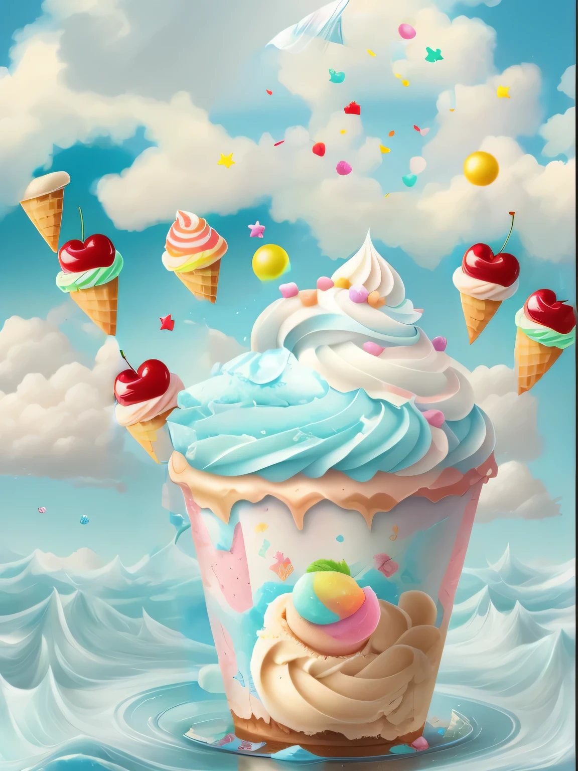 (best quality,4k,8k,highres,masterpiece:1.2),ultra-detailed,(realistic,photorealistic,photo-realistic:1.37),ice cream,delicious,tasty,sweet summer treat,colorful,refreshing,dripping,frozen dessert,creamy texture,luscious flavours,scrumptious cones,piled high,tempting flavors,sprinkles,toppings,gelato,sorbet,mouth-watering,indulgence,cooling sensation,lazy summer days,joyful childhood memories,summer vibes,lively,playful,festive colors,soft serve,whipped cream,delicate wafer,refreshing cherry on top