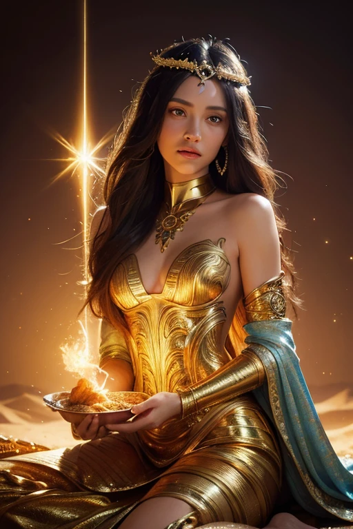 (beautiful movie decoration goddess sand, golden dress, shining gold tattoo), (Galactic shaman with quantum energy fantasy), fantasy magic, long hairstyle, dark light night, Complex, ethereal, sharp focus, figure, very detailed, digital painting, concept art, Mattia, (Art by Wlop), (author:Justin Gerard and Jason Edmiston: 1.5), (Written by Greg Rutkowski: 0.4), (By Alphonse Mucha: 0.4), masterpiece