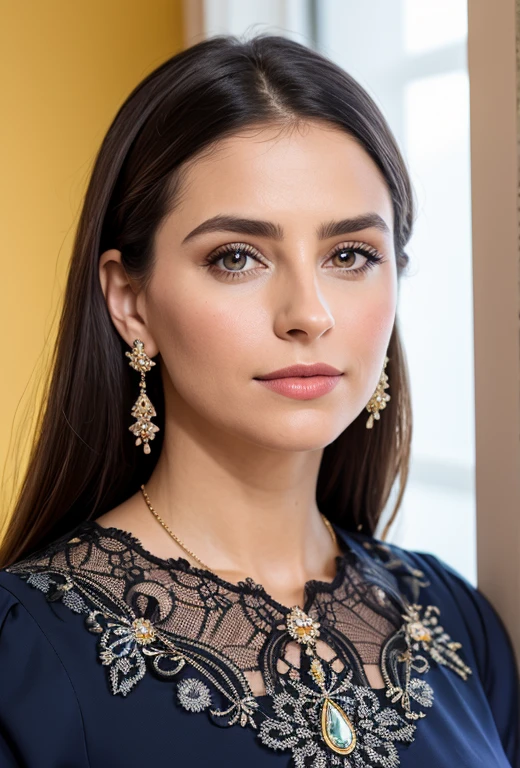 (Obra maestra, mejor calidad), detalles intrincados, Realista, photoRealista, a close up of a woman wearing dress, inspirado por Emma Andijewska, con joyeria dorada, long Aretes, sandra chevier, huge Aretes, 2019, de ojos azules, Arete, Estructura impecable