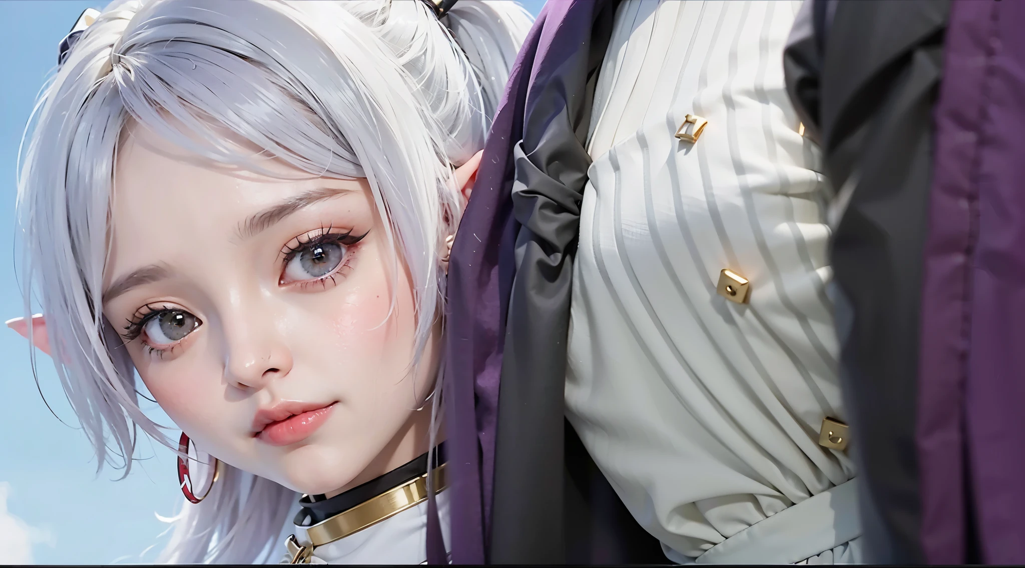 looking down、looking away：1.5、silver hair：1.2、Purple hair、red earrings：1.2、dark green eyes：1.5、Questioning look、20-year-old、female：1.1、white clothes、high elf：1.2、elf ears、twin tails、detailed hair、movie writing、(best quality, 8K, 32K, muste piece, ticker:1.2)