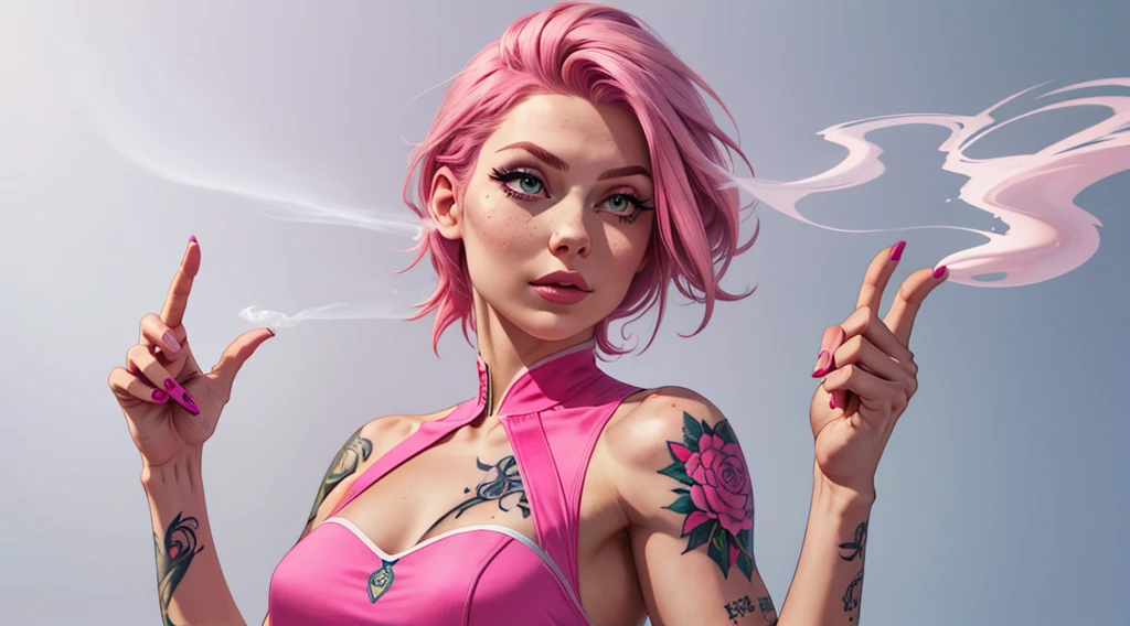 a tattoo girl , smoking vape, pink hair, luxury dress,her index finger is pointing her left side,front view, upper body