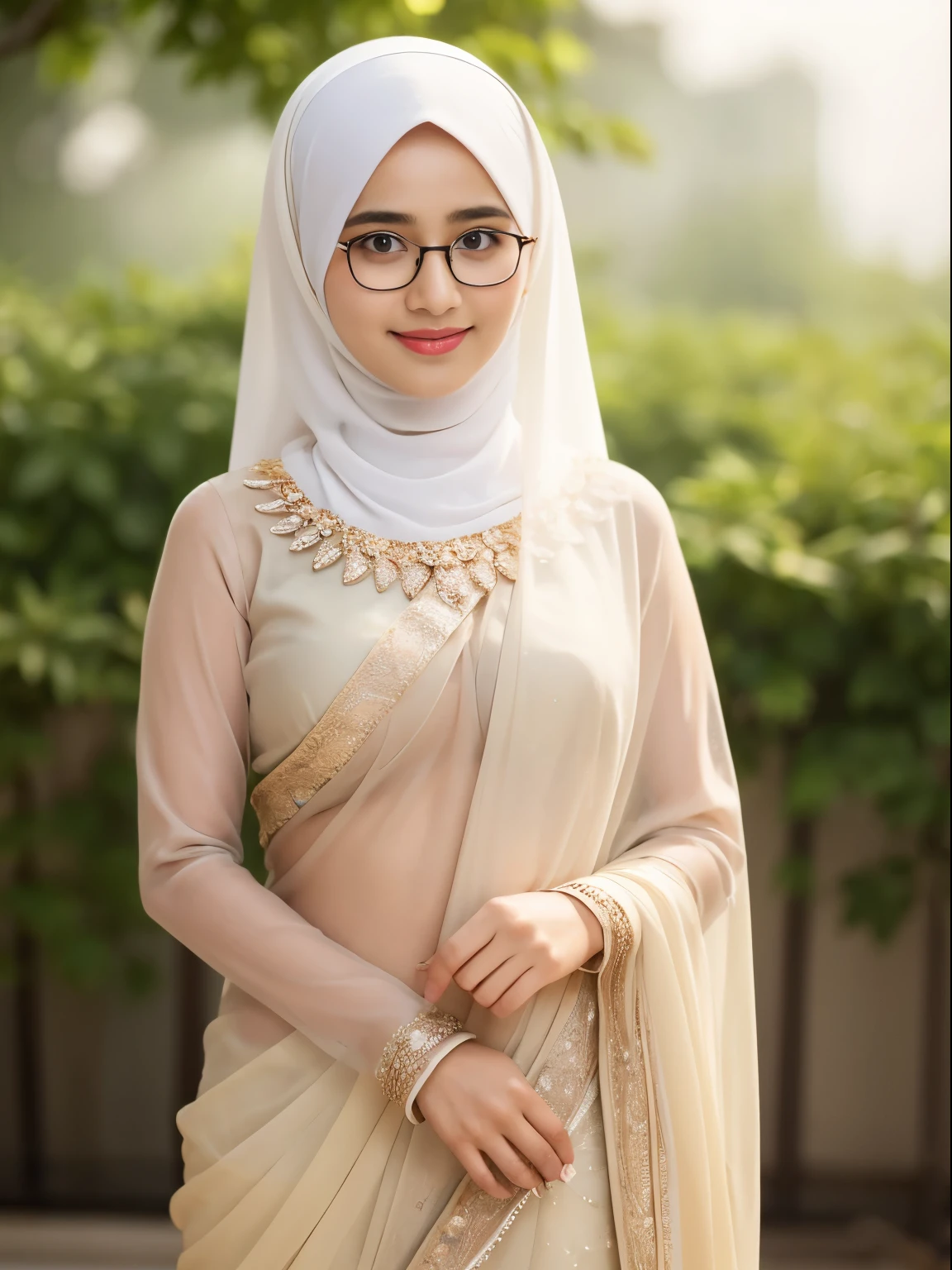 shy, (iu:0.8),dress, RAW, Best quality, high resolution, Masterpiece: 1.3, Beautiful glasses angelic aceh hijabi in see-through saree, Masterpiece, Soft smile