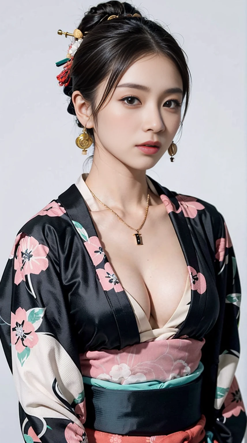 ( Japan Kimono:1.5),(fit body:1.3),(ultra detailed neckless:1.3), beautiful earrings , (white background:1.35),BREAK , 1 girl, solo, show skin, cleavage ,extremely beautiful lady standing up,(looking up:1.2),busty, intricate details, fit body , naughty, slutty, perfect hands, detailed hands, perfect eyes, detailed eyes,(blush:1.45),(gyaru:1.2), (tanned skin:1.5), dynamic pose, (long black Nadia:1.6),(wind:1.45), strong, realistic, HDR, UHD, dynamic, colorful:1.5 , blooming light effect ,