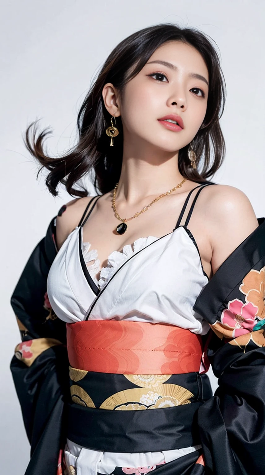 ( Japan Kimono:1.5),(fit body:1.3),(ultra detailed neckless:1.3), beautiful earrings , (white background:1.35),BREAK , 1 girl, solo, show skin, cleavage ,extremely beautiful lady standing up,(looking up:1.2),busty, intricate details, fit body , naughty, slutty, perfect hands, detailed hands, perfect eyes, detailed eyes,(blush:1.45),(gyaru:1.2), (tanned skin:1.5), dynamic pose, (long black Nadia:1.6),(wind:1.45), strong, realistic, HDR, UHD, dynamic, colorful:1.5 , blooming light effect ,