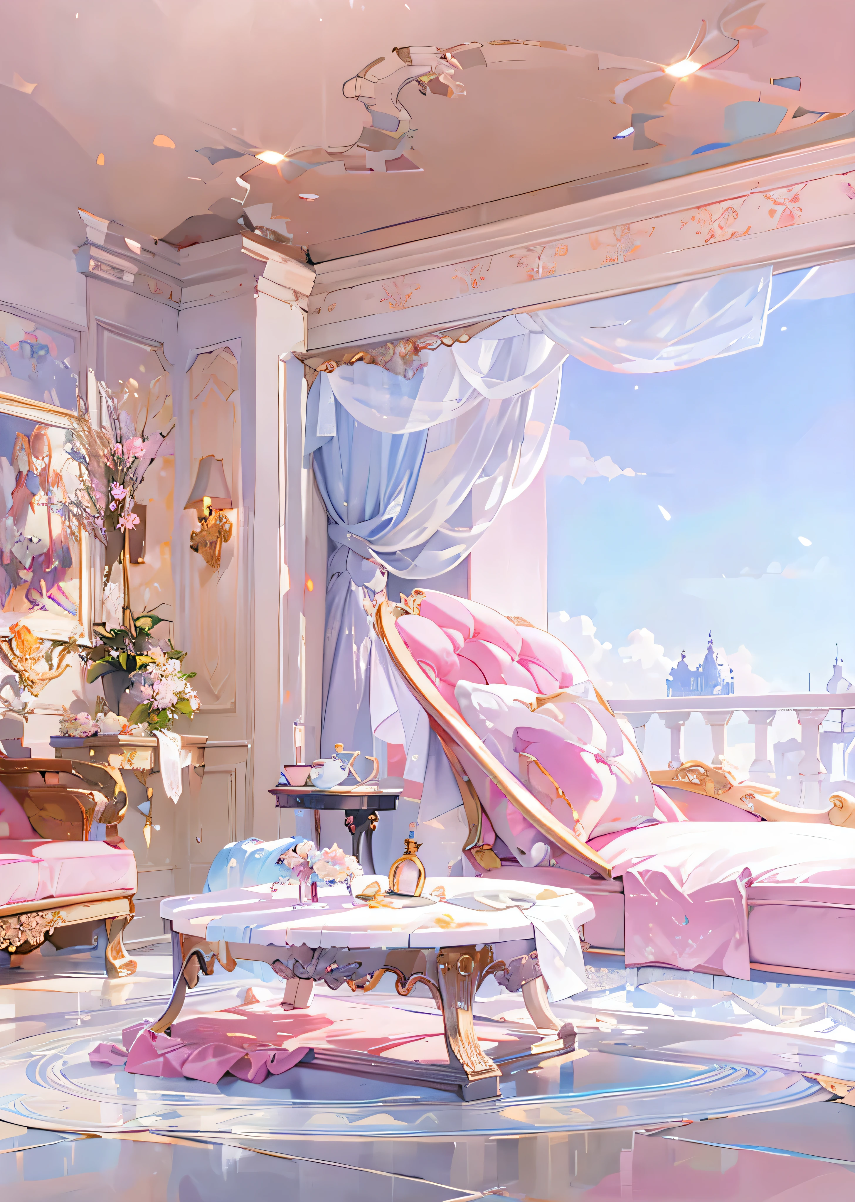There a room with a table, Chair, and a birdcage, palace background, Fairy tale style background, Highly detailed scenes, personal room background, Dreamy and detailed, anime background art, anime background, Beautiful fairy tale rendering, Colorful anime movie background, beautiful anime scene, Anime beautiful peaceful scene, Relaxation concept art, Dream aesthetics, anime aesthetics, bedroom background