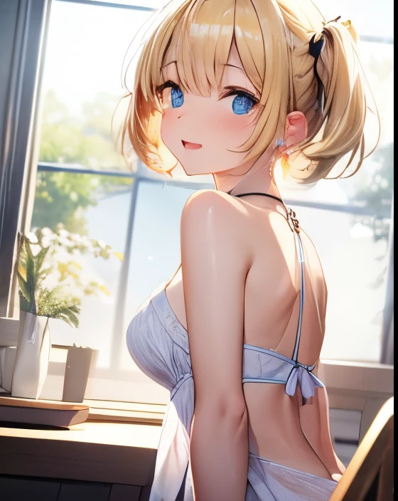 absurderes, ultra-detailliert,bright colour, extremely beautiful detailed anime face and eyes,Indoors, gaze at the audience,(You can see the starry sky from the window:1.2),(Pleasant face:1.4), bow ribbon, window,浴室、Wash your body in the shower,Chair,Hide your chest with steam,blur,closing eye,Opening Mouth,barechested、 from the rear, feet outside the frame, depth of fields, 25 years old,Short hair, , asymmetrical bangs, Blonde hair with short twin tails, Shiny hair, Delicate beautiful face, red blush、Blue eyes, White skin, hair clips, earrings, a necklace,nighttime scene
