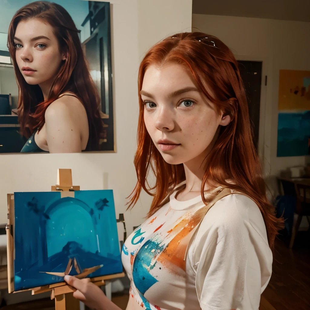 Anya Taylor Joy with red hair and freckles, wearing spandex and painting a self portrait of herself in an apartment, 