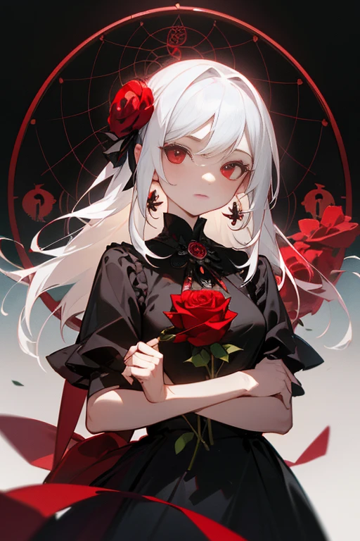 (best quality, masterpiece), (1girl, solo, black dress, standing , looking at viewer, white hair, red eyes, holding rose, closed mouth, upper body), (red dreamcatcher behind, red flower, )