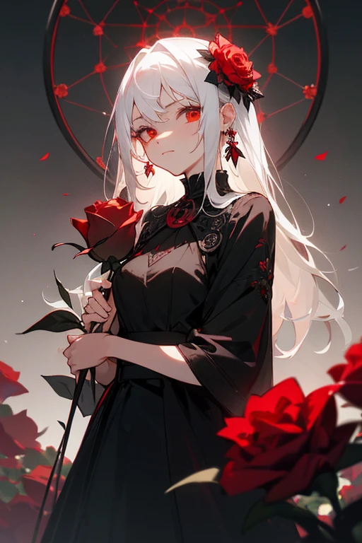 (best quality, masterpiece), (1girl, solo, black dress, standing , looking at viewer, white hair, red eyes, holding rose, closed mouth, upper body), (red dreamcatcher behind, red flower, )