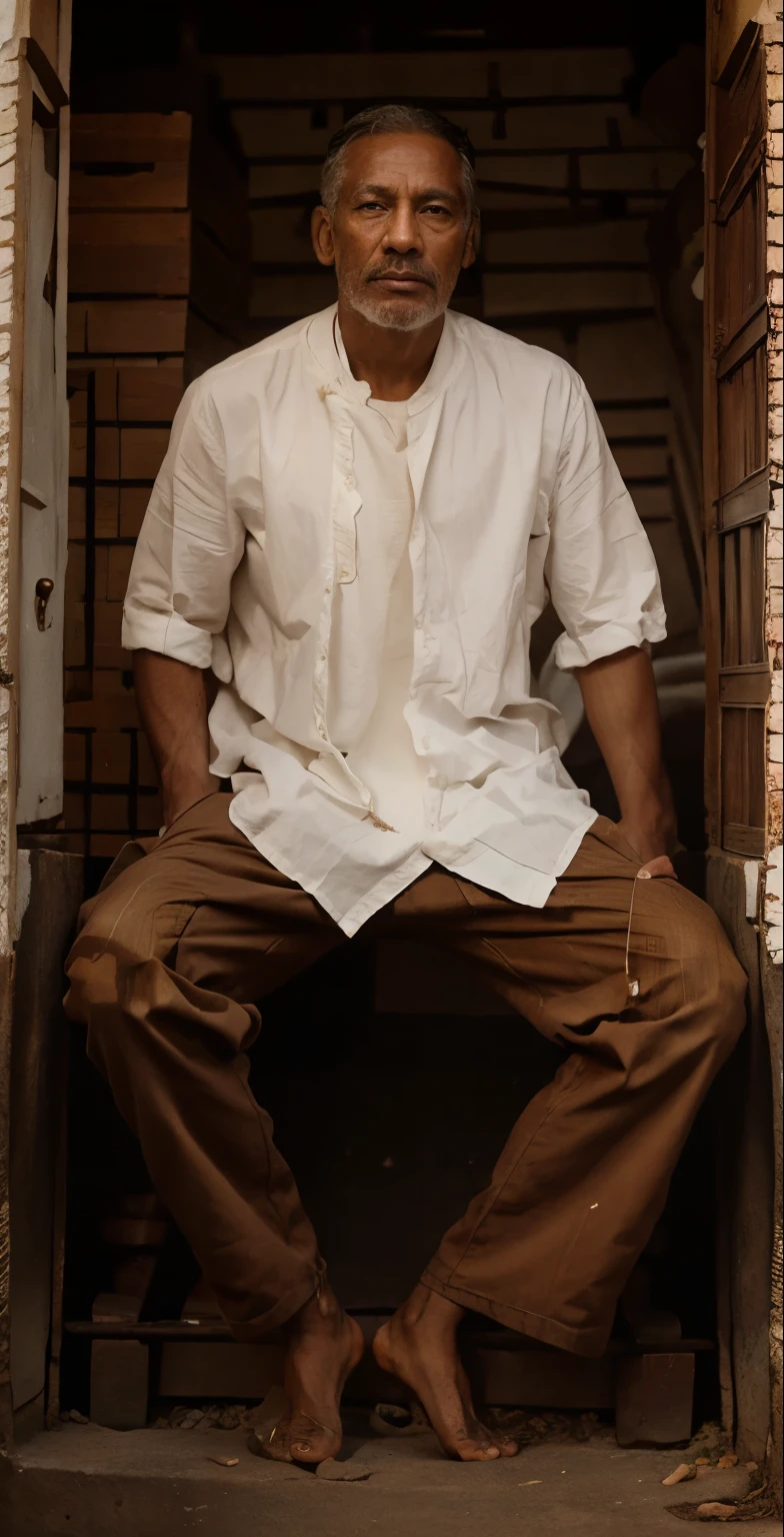 Sitting man in loose white shirt, brown pant, village asthetics, prominent limbs