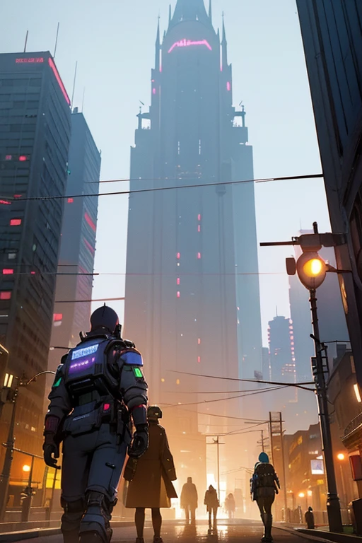 people walking in a city at night with a large clock tower in the background, in a futuristic cyberpunk city, futuristic cyberpunk scenario, arstation and beeple highly, in fantasy sci - fi city, sci-fi cyberpunk city street, busy cyberpunk metropolis, 3 d render beeple, cinematic beeple, cyberpunk city street, in style of beeple