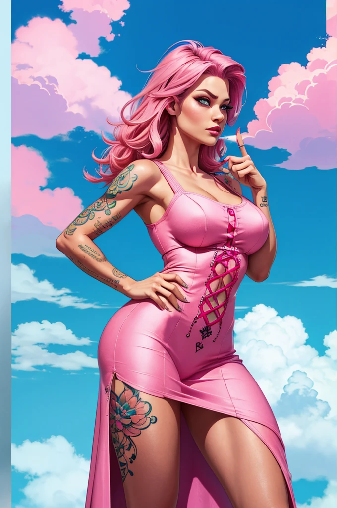 (best quality:1.4, high quality), miami_vice_arcade_retreat, indoors, nude, punk rock sunglasses, smirk, sexy pose, arm tattoos, long wavy pink hair
