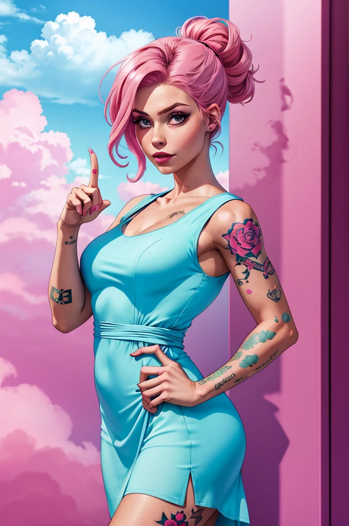 a tattoo girl , making clouds with vape, pink hair, luxury dress,her index finger is pointing her left side,front view